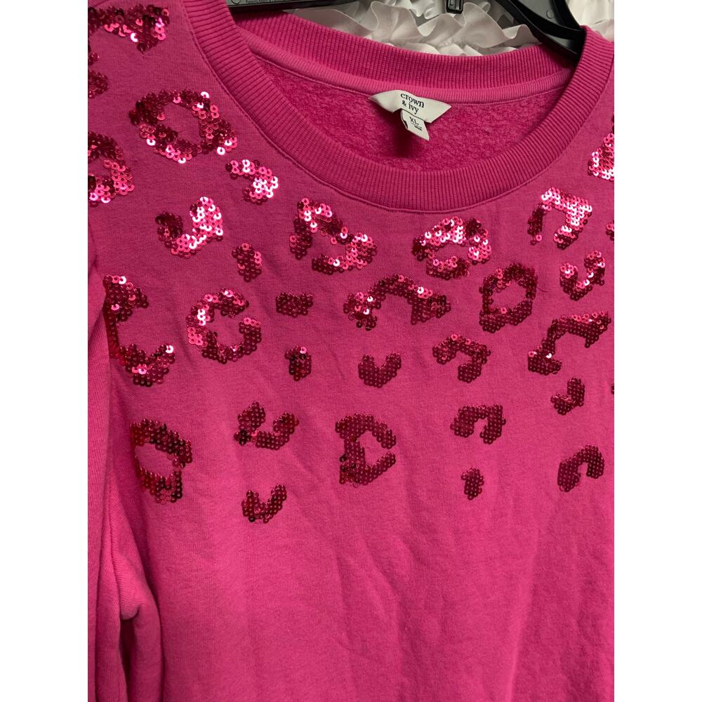 Crown & Ivy Hot Pink Sequin Leopard Print Sweatshirt Women’s XL - Picture 3 of 4